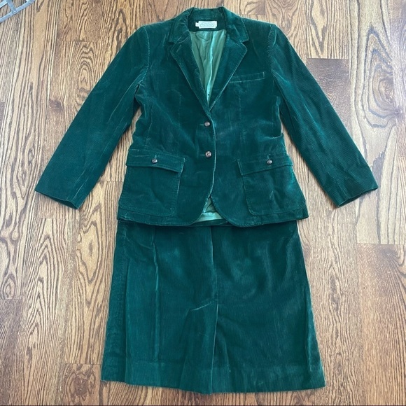 VINTAGE 60s 70s THE VILLAGER Green Corduroy Blazer Jacket Skirt Suit set - Picture 1 of 9